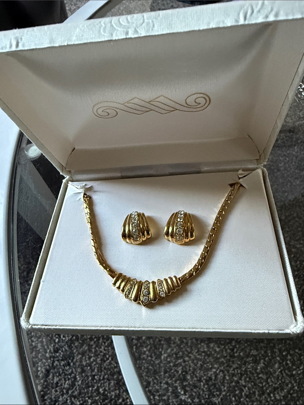 Gold-Tone Necklace and Earring Set with Clear Stones - Women Jewelry